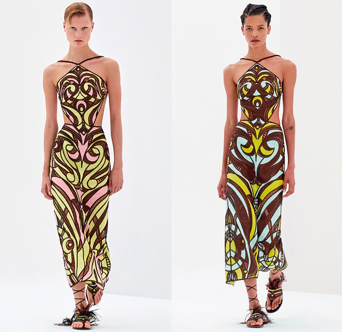 Emilio Pucci 2022 Spring Summer Womens Lookbook Presentation - Milano Moda Donna Collezione Milan Fashion Week Italy - Halterneck Noodle Strap Decorative Art Ornaments Mesh Embroidery Sheer Knit Cutout Waist Mini Dress Bandeau Crop Top Midriff Hotpants Beads Trinkets Necklace Pattern Geometric Tiles Colorful Wide Leg Pants Handkerchief Hem Skorts One Shoulder Draped Square Neck Pinafore Feathers Sandals Pouch