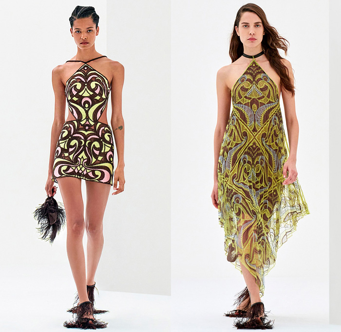 Emilio Pucci 2022 Spring Summer Womens Lookbook Presentation - Milano Moda Donna Collezione Milan Fashion Week Italy - Halterneck Noodle Strap Decorative Art Ornaments Mesh Embroidery Sheer Knit Cutout Waist Mini Dress Bandeau Crop Top Midriff Hotpants Beads Trinkets Necklace Pattern Geometric Tiles Colorful Wide Leg Pants Handkerchief Hem Skorts One Shoulder Draped Square Neck Pinafore Feathers Sandals Pouch