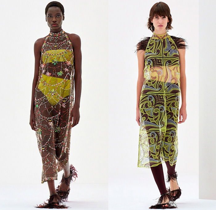 Emilio Pucci 2022 Spring Summer Womens Lookbook Presentation - Milano Moda Donna Collezione Milan Fashion Week Italy - Halterneck Noodle Strap Decorative Art Ornaments Mesh Embroidery Sheer Knit Cutout Waist Mini Dress Bandeau Crop Top Midriff Hotpants Beads Trinkets Necklace Pattern Geometric Tiles Colorful Wide Leg Pants Handkerchief Hem Skorts One Shoulder Draped Square Neck Pinafore Feathers Sandals Pouch