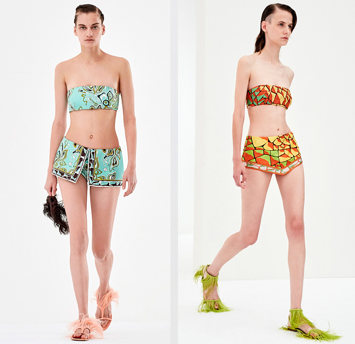 Emilio Pucci 2022 Spring Summer Womens Lookbook Presentation - Milano Moda Donna Collezione Milan Fashion Week Italy - Halterneck Noodle Strap Decorative Art Ornaments Mesh Embroidery Sheer Knit Cutout Waist Mini Dress Bandeau Crop Top Midriff Hotpants Beads Trinkets Necklace Pattern Geometric Tiles Colorful Wide Leg Pants Handkerchief Hem Skorts One Shoulder Draped Square Neck Pinafore Feathers Sandals Pouch