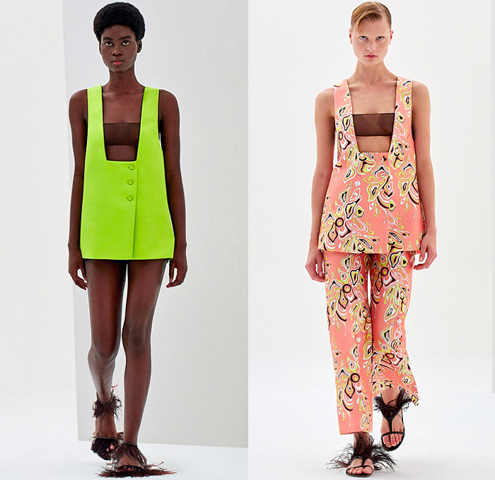 Emilio Pucci 2022 Spring Summer Womens Lookbook Presentation - Milano Moda Donna Collezione Milan Fashion Week Italy - Halterneck Noodle Strap Decorative Art Ornaments Mesh Embroidery Sheer Knit Cutout Waist Mini Dress Bandeau Crop Top Midriff Hotpants Beads Trinkets Necklace Pattern Geometric Tiles Colorful Wide Leg Pants Handkerchief Hem Skorts One Shoulder Draped Square Neck Pinafore Feathers Sandals Pouch