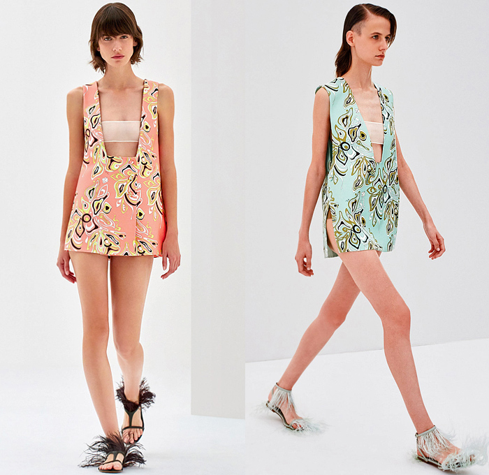 Emilio Pucci 2022 Spring Summer Womens Lookbook Presentation - Milano Moda Donna Collezione Milan Fashion Week Italy - Halterneck Noodle Strap Decorative Art Ornaments Mesh Embroidery Sheer Knit Cutout Waist Mini Dress Bandeau Crop Top Midriff Hotpants Beads Trinkets Necklace Pattern Geometric Tiles Colorful Wide Leg Pants Handkerchief Hem Skorts One Shoulder Draped Square Neck Pinafore Feathers Sandals Pouch