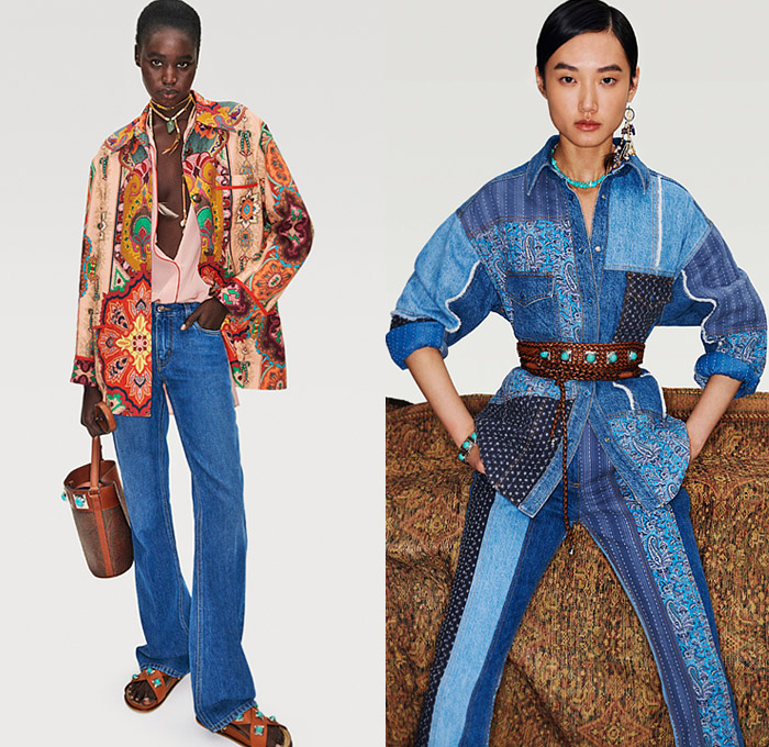 Etro 2022 Resort Cruise Pre-Spring Womens Lookbook Presentation - Rebel Bohemian Boho Chic Biker Motorcycle Rider 1960s Sixties Knit Mesh Crochet Weave Tribal Psychedelic Sweater Suede Paisley Decorative Art Shirtdress Bedazzled Sequins Beads Gemstones Metal Mesh Strapless Noodle Strap Dress Sheer Fringes Flowers Floral Vest Ruffles Tiered Coat Poncho Sweatshirt Crop Top Midriff Cutoffs Shorts Patchwork Denim Jeans Moto Pants Miniskirt Fishnet Sandals Cowgirl Boots Handbag