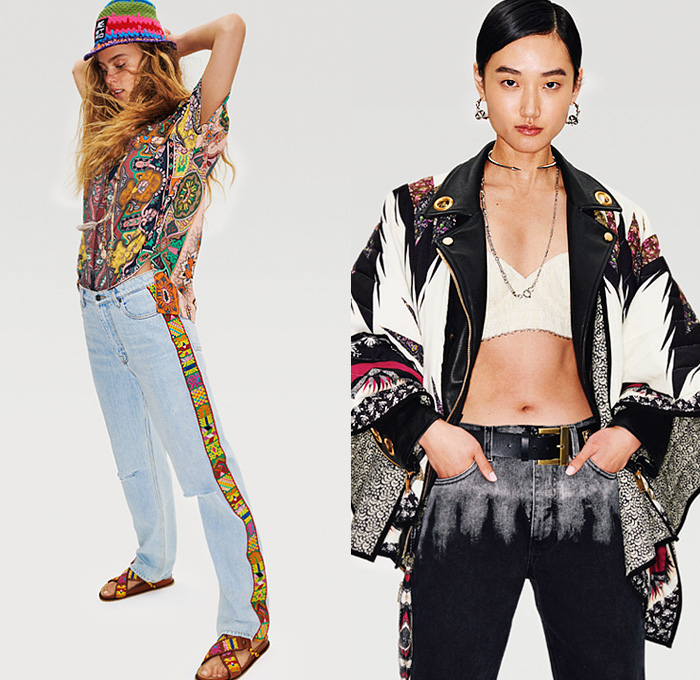 Etro 2022 Resort Cruise Pre-Spring Womens Lookbook Presentation - Rebel Bohemian Boho Chic Biker Motorcycle Rider 1960s Sixties Knit Mesh Crochet Weave Tribal Psychedelic Sweater Suede Paisley Decorative Art Shirtdress Bedazzled Sequins Beads Gemstones Metal Mesh Strapless Noodle Strap Dress Sheer Fringes Flowers Floral Vest Ruffles Tiered Coat Poncho Sweatshirt Crop Top Midriff Cutoffs Shorts Patchwork Denim Jeans Moto Pants Miniskirt Fishnet Sandals Cowgirl Boots Handbag