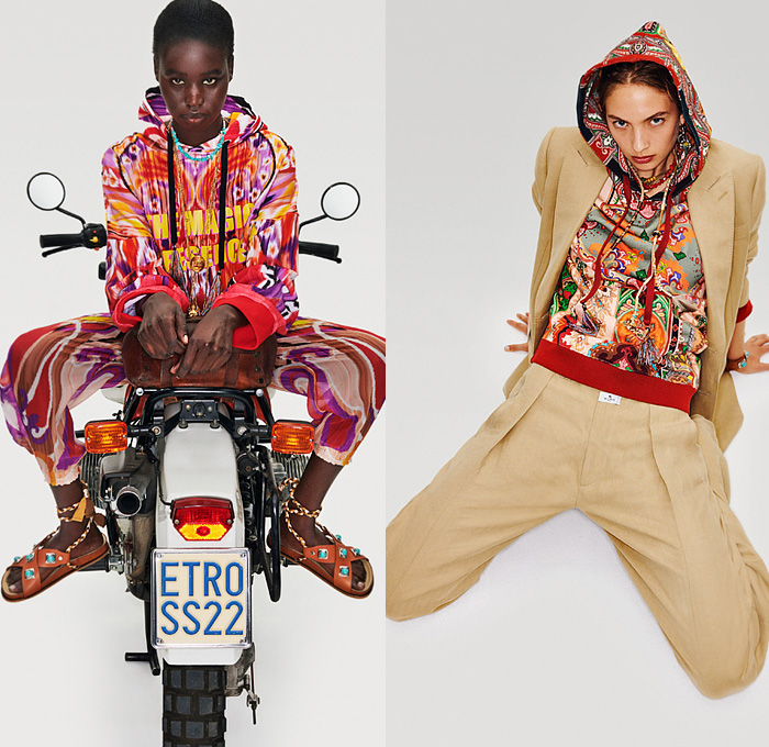 Etro 2022 Resort Cruise Pre-Spring Womens Lookbook Presentation - Rebel Bohemian Boho Chic Biker Motorcycle Rider 1960s Sixties Knit Mesh Crochet Weave Tribal Psychedelic Sweater Suede Paisley Decorative Art Shirtdress Bedazzled Sequins Beads Gemstones Metal Mesh Strapless Noodle Strap Dress Sheer Fringes Flowers Floral Vest Ruffles Tiered Coat Poncho Sweatshirt Crop Top Midriff Cutoffs Shorts Patchwork Denim Jeans Moto Pants Miniskirt Fishnet Sandals Cowgirl Boots Handbag