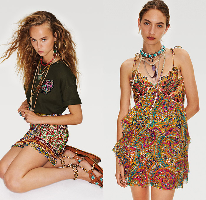 Etro 2022 Resort Cruise Pre-Spring Womens Lookbook Presentation - Rebel Bohemian Boho Chic Biker Motorcycle Rider 1960s Sixties Knit Mesh Crochet Weave Tribal Psychedelic Sweater Suede Paisley Decorative Art Shirtdress Bedazzled Sequins Beads Gemstones Metal Mesh Strapless Noodle Strap Dress Sheer Fringes Flowers Floral Vest Ruffles Tiered Coat Poncho Sweatshirt Crop Top Midriff Cutoffs Shorts Patchwork Denim Jeans Moto Pants Miniskirt Fishnet Sandals Cowgirl Boots Handbag