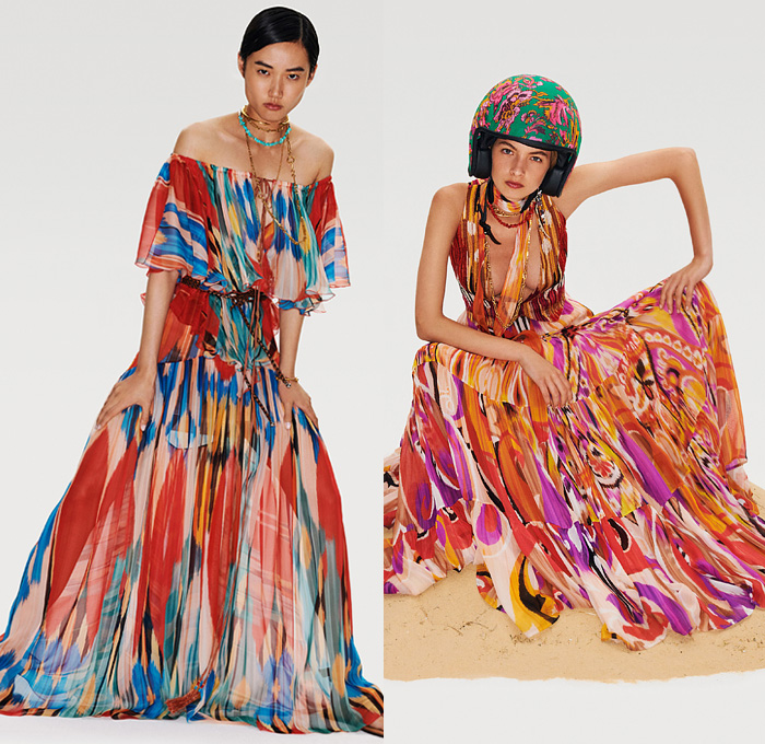 Etro 2022 Resort Cruise Pre-Spring Womens Lookbook Presentation - Rebel Bohemian Boho Chic Biker Motorcycle Rider 1960s Sixties Knit Mesh Crochet Weave Tribal Psychedelic Sweater Suede Paisley Decorative Art Shirtdress Bedazzled Sequins Beads Gemstones Metal Mesh Strapless Noodle Strap Dress Sheer Fringes Flowers Floral Vest Ruffles Tiered Coat Poncho Sweatshirt Crop Top Midriff Cutoffs Shorts Patchwork Denim Jeans Moto Pants Miniskirt Fishnet Sandals Cowgirl Boots Handbag