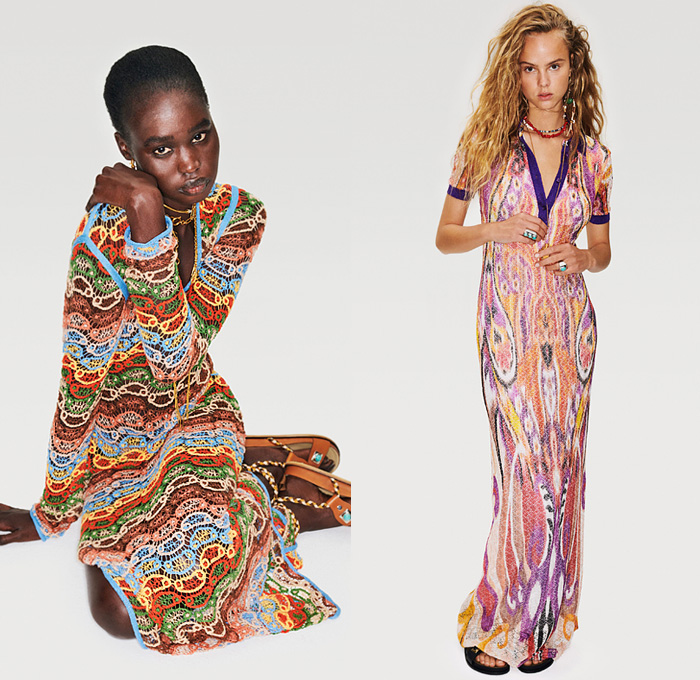 Etro 2022 Resort Cruise Pre-Spring Womens Lookbook Presentation - Rebel Bohemian Boho Chic Biker Motorcycle Rider 1960s Sixties Knit Mesh Crochet Weave Tribal Psychedelic Sweater Suede Paisley Decorative Art Shirtdress Bedazzled Sequins Beads Gemstones Metal Mesh Strapless Noodle Strap Dress Sheer Fringes Flowers Floral Vest Ruffles Tiered Coat Poncho Sweatshirt Crop Top Midriff Cutoffs Shorts Patchwork Denim Jeans Moto Pants Miniskirt Fishnet Sandals Cowgirl Boots Handbag