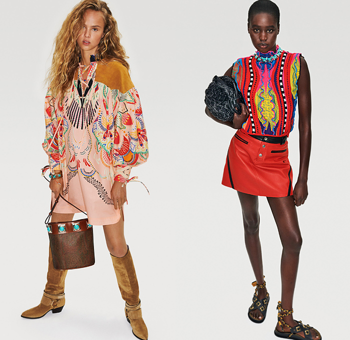 Etro 2022 Resort Cruise Pre-Spring Womens Lookbook Presentation - Rebel Bohemian Boho Chic Biker Motorcycle Rider 1960s Sixties Knit Mesh Crochet Weave Tribal Psychedelic Sweater Suede Paisley Decorative Art Shirtdress Bedazzled Sequins Beads Gemstones Metal Mesh Strapless Noodle Strap Dress Sheer Fringes Flowers Floral Vest Ruffles Tiered Coat Poncho Sweatshirt Crop Top Midriff Cutoffs Shorts Patchwork Denim Jeans Moto Pants Miniskirt Fishnet Sandals Cowgirl Boots Handbag