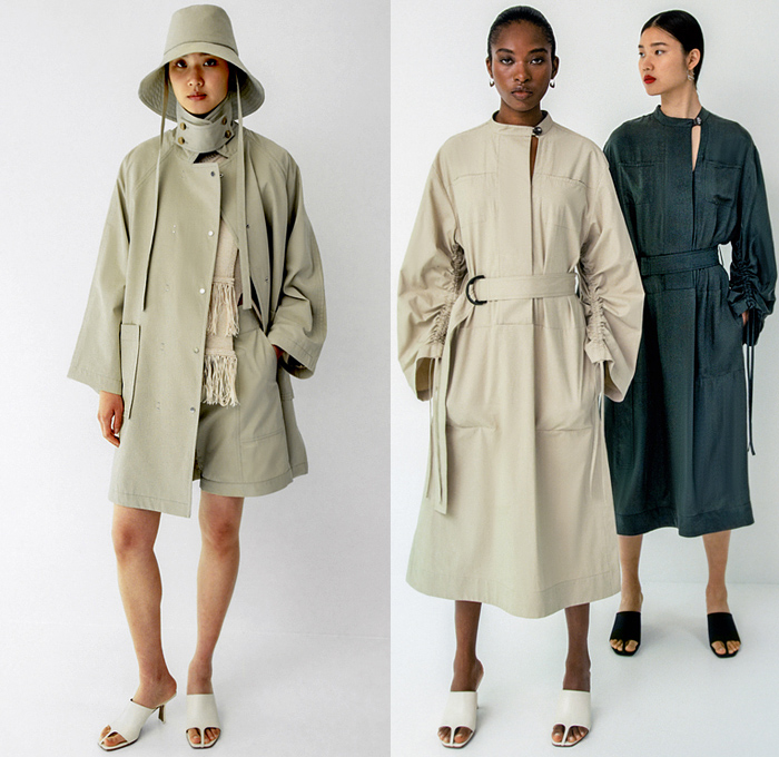 Eudon Choi 2022 Resort Cruise Pre-Spring Womens Lookbook Presentation - Eterno Silueta Bucket Hat Trench Coat Knit Mesh Crochet Funnel Neck Cardigan Sweater Parka Raincoat Drawstring Cinch Silk Satin Onesie Shirtdress Blousedress Shorts Wrap Belts Vest Fringes Bodycon Body Contour Prairie Babydoll Dress Wide Puritan Collar Hibiscus Flowers Floral Leaves Foliage Fauna Stripes Cutout Slashed Twist Bell Bottom Flare Pants Tote Bag