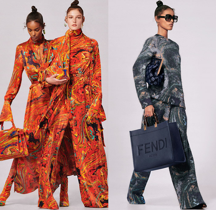 Fendi 2022 Resort Cruise Pre-Spring Womens Lookbook Presentation - Kim Jones - Marble Resin Liquefy Print Scarf Trench Coat Pantsuit Blazer Jacket Velvet Knit Crochet Mesh Sweater Cardigan Crop Top Midriff Wool Quilted Bedazzled Sequins Tied Knot Twist Party Cocktail Dress Logo Monogram Patchwork Panel Fringes Pockets Lace Embroidery Puff Sleeves Wide Leg Palazzo Pants Tights Leggings Stockings Sheer Miniskirt Handbag Tote F-Heeled Shoes Boots Loafers Sunglasses