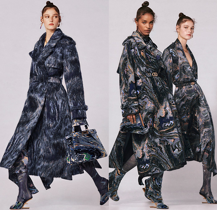 Fendi 2022 Resort Cruise Pre-Spring Womens Lookbook Presentation - Kim Jones - Marble Resin Liquefy Print Scarf Trench Coat Pantsuit Blazer Jacket Velvet Knit Crochet Mesh Sweater Cardigan Crop Top Midriff Wool Quilted Bedazzled Sequins Tied Knot Twist Party Cocktail Dress Logo Monogram Patchwork Panel Fringes Pockets Lace Embroidery Puff Sleeves Wide Leg Palazzo Pants Tights Leggings Stockings Sheer Miniskirt Handbag Tote F-Heeled Shoes Boots Loafers Sunglasses