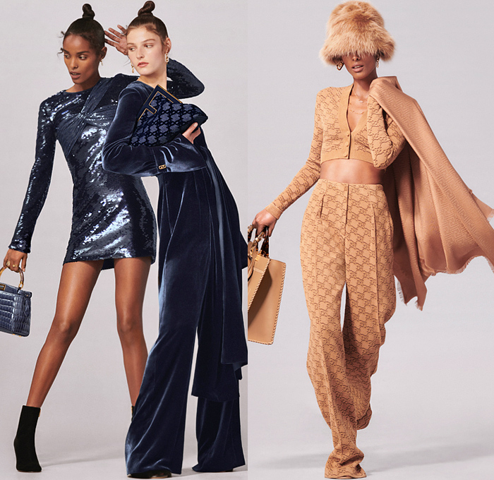 Fendi 2022 Resort Cruise Pre-Spring Womens Lookbook Presentation - Kim Jones - Marble Resin Liquefy Print Scarf Trench Coat Pantsuit Blazer Jacket Velvet Knit Crochet Mesh Sweater Cardigan Crop Top Midriff Wool Quilted Bedazzled Sequins Tied Knot Twist Party Cocktail Dress Logo Monogram Patchwork Panel Fringes Pockets Lace Embroidery Puff Sleeves Wide Leg Palazzo Pants Tights Leggings Stockings Sheer Miniskirt Handbag Tote F-Heeled Shoes Boots Loafers Sunglasses