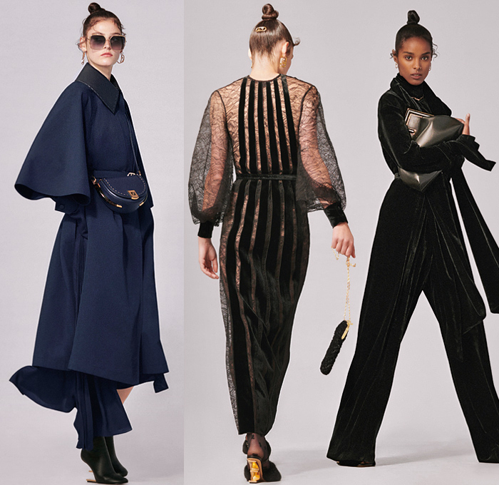 Fendi 2022 Resort Cruise Pre-Spring Womens Lookbook Presentation - Kim Jones - Marble Resin Liquefy Print Scarf Trench Coat Pantsuit Blazer Jacket Velvet Knit Crochet Mesh Sweater Cardigan Crop Top Midriff Wool Quilted Bedazzled Sequins Tied Knot Twist Party Cocktail Dress Logo Monogram Patchwork Panel Fringes Pockets Lace Embroidery Puff Sleeves Wide Leg Palazzo Pants Tights Leggings Stockings Sheer Miniskirt Handbag Tote F-Heeled Shoes Boots Loafers Sunglasses