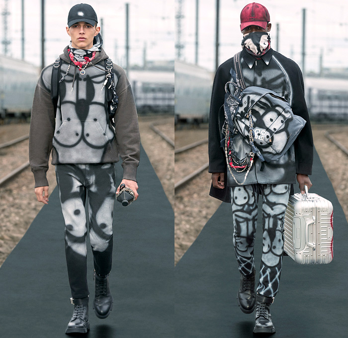 Givenchy 2022 Resort Cruise Pre-Spring Mens Runway Catwalk Looks - Matthew Williams - Chito Airbrush Graphics Graffiti Art Dog Sad Clown  Streetwear Vest Hoodie Sweatshirt Cap Plaid Check Fur Shearling Quilted Puffer Coat Parka Jacket Destroyed Destructed Peeled Mesh Crochet Fishnet Knit Weave Sweater Cardigan Lanyard Bandana Mask Scarf Bunny Ears Embossed Engraved Harness Suit Blazer Cargo Pants Utility Pockets Slit Hem Slim Pants Backpack Bag Boots Rimowa Luggage