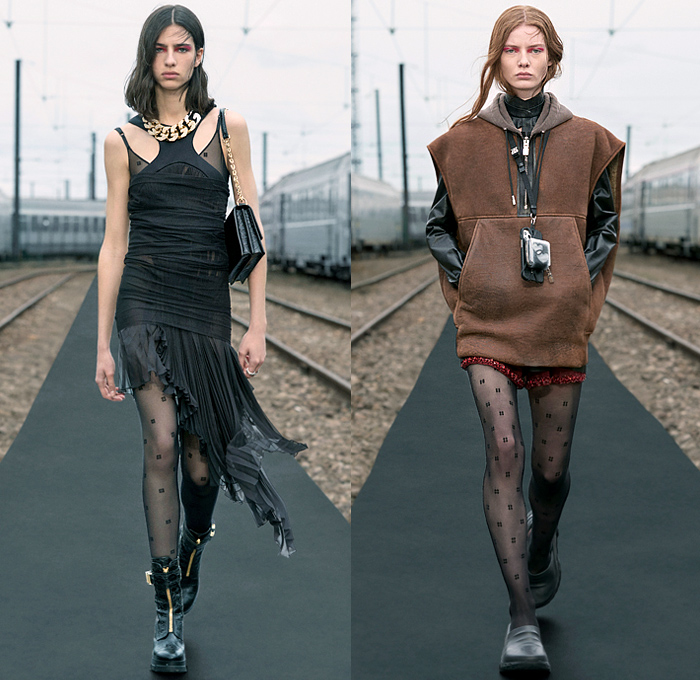 Givenchy 2022 Resort Cruise Pre-Spring Womens Runway Looks - Matthew Williams - Chito Airbrush Graphics Graffiti Art Streetwear Rock n Roll Grunge Fur Motorcycle Biker Bomber Quilted Puffer Parka Jacket Blazer Coat Cutout Bralette Chain Harness Sheer Tulle Accordion Pleats Dress Halterneck Vest Sweatshirt Knit Sweater Plaid Check Destroyed Cap Hat Dress Fishnet Bedazzled Beads Crystals Gown Tights Stockings Miniskirt Shorts Cargo Pants Utility Pockets Boots Purse Clutch Bag Lanyard