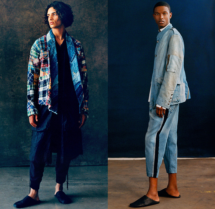 Greg Lauren 2022 Spring Summer Mens Lookbook Collection - Dress Codes Denim Jeans Work Canvas Pinstripe Studio Shirt Satin Tie Stitchwork Vintage Military Army Fatigues Liner Flight Jacket Quilted Fisherman Patchwork Pinstripe Plaid Check Blazer Neck Tie Knit Weave Cardigan Sweater Manskirt Wrap Pant Tapered Drawstring Pockets Zipper Cargo Pockets Tuxedo Stripe Frayed Raw Hem Shirtdress Djellaba Wide Leg Slip-Ons Tote Handbag 