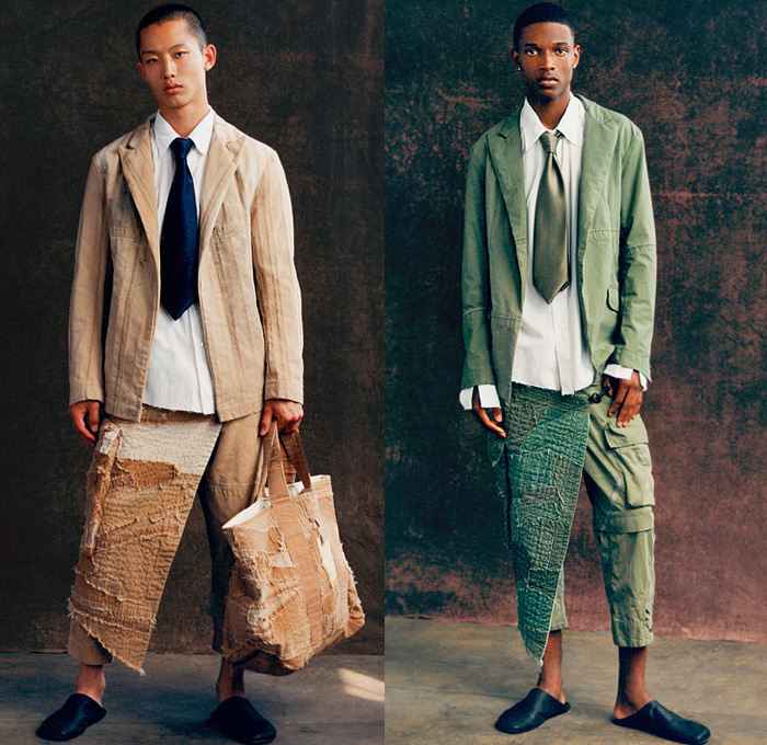 Greg Lauren 2022 Spring Summer Mens Lookbook Collection - Dress Codes Denim Jeans Work Canvas Pinstripe Studio Shirt Satin Tie Stitchwork Vintage Military Army Fatigues Liner Flight Jacket Quilted Fisherman Patchwork Pinstripe Plaid Check Blazer Neck Tie Knit Weave Cardigan Sweater Manskirt Wrap Pant Tapered Drawstring Pockets Zipper Cargo Pockets Tuxedo Stripe Frayed Raw Hem Shirtdress Djellaba Wide Leg Slip-Ons Tote Handbag 