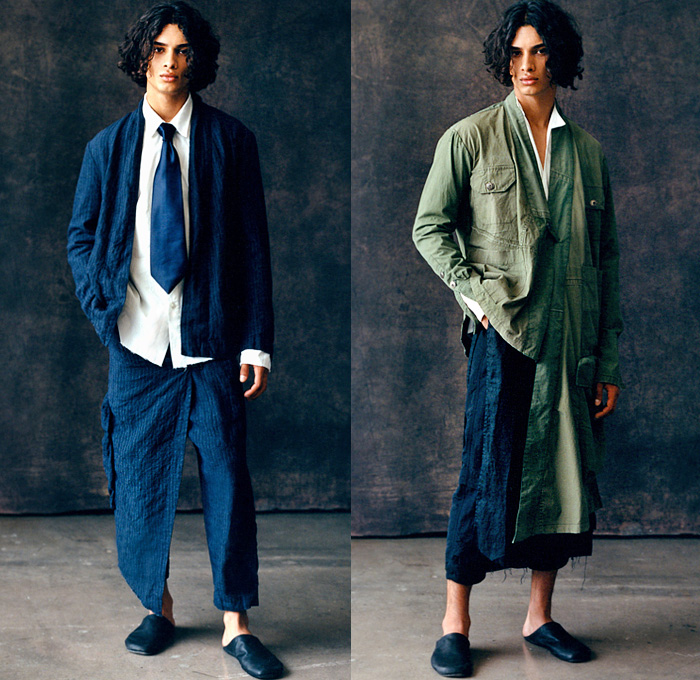 Greg Lauren 2022 Spring Summer Mens Lookbook Collection - Dress Codes Denim Jeans Work Canvas Pinstripe Studio Shirt Satin Tie Stitchwork Vintage Military Army Fatigues Liner Flight Jacket Quilted Fisherman Patchwork Pinstripe Plaid Check Blazer Neck Tie Knit Weave Cardigan Sweater Manskirt Wrap Pant Tapered Drawstring Pockets Zipper Cargo Pockets Tuxedo Stripe Frayed Raw Hem Shirtdress Djellaba Wide Leg Slip-Ons Tote Handbag 