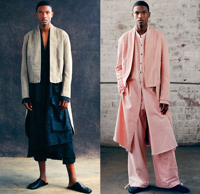 Greg Lauren 2022 Spring Summer Mens Lookbook Collection - Dress Codes Denim Jeans Work Canvas Pinstripe Studio Shirt Satin Tie Stitchwork Vintage Military Army Fatigues Liner Flight Jacket Quilted Fisherman Patchwork Pinstripe Plaid Check Blazer Neck Tie Knit Weave Cardigan Sweater Manskirt Wrap Pant Tapered Drawstring Pockets Zipper Cargo Pockets Tuxedo Stripe Frayed Raw Hem Shirtdress Djellaba Wide Leg Slip-Ons Tote Handbag 