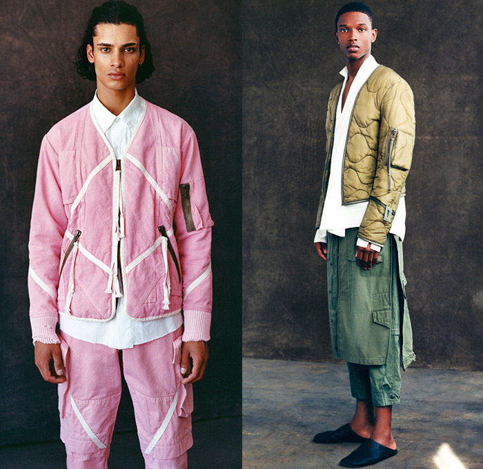 Greg Lauren 2022 Spring Summer Mens Lookbook Collection - Dress Codes Denim Jeans Work Canvas Pinstripe Studio Shirt Satin Tie Stitchwork Vintage Military Army Fatigues Liner Flight Jacket Quilted Fisherman Patchwork Pinstripe Plaid Check Blazer Neck Tie Knit Weave Cardigan Sweater Manskirt Wrap Pant Tapered Drawstring Pockets Zipper Cargo Pockets Tuxedo Stripe Frayed Raw Hem Shirtdress Djellaba Wide Leg Slip-Ons Tote Handbag 