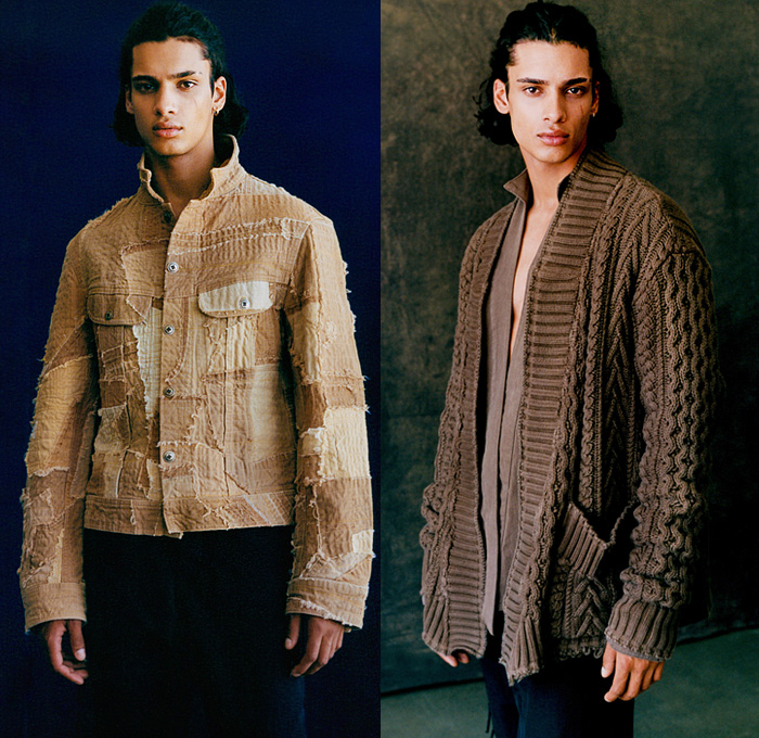 Greg Lauren 2022 Spring Summer Mens Lookbook Collection - Dress Codes Denim Jeans Work Canvas Pinstripe Studio Shirt Satin Tie Stitchwork Vintage Military Army Fatigues Liner Flight Jacket Quilted Fisherman Patchwork Pinstripe Plaid Check Blazer Neck Tie Knit Weave Cardigan Sweater Manskirt Wrap Pant Tapered Drawstring Pockets Zipper Cargo Pockets Tuxedo Stripe Frayed Raw Hem Shirtdress Djellaba Wide Leg Slip-Ons Tote Handbag 