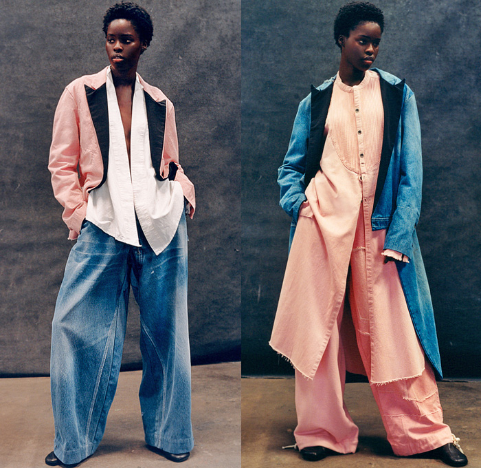 Greg Lauren 2022 Spring Summer Womens Lookbook Collection - Dress Codes Denim Jeans Coral Pink Tux Tuxedo Jacket Satin Tie Blazer Blouse Shirtdress Djellaba Seersucker Stripes Patchwork Zipper Knit Cardigan Sweater Mesh Crochet Coat Robe Kimono Brown Fatigues Canvas Utility Pockets Zipper Vintage Overalls Wide Leg Palazzo Pants Stitchwork Wrap Pants Half Skirt Panel Frayed Raw Hem Lounge Cinch Drawstring Slim Tapered Trousers Slip-Ons