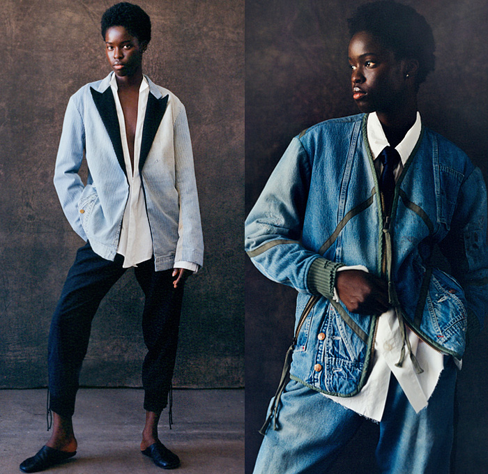 Greg Lauren 2022 Spring Summer Womens Lookbook Collection - Dress Codes Denim Jeans Coral Pink Tux Tuxedo Jacket Satin Tie Blazer Blouse Shirtdress Djellaba Seersucker Stripes Patchwork Zipper Knit Cardigan Sweater Mesh Crochet Coat Robe Kimono Brown Fatigues Canvas Utility Pockets Zipper Vintage Overalls Wide Leg Palazzo Pants Stitchwork Wrap Pants Half Skirt Panel Frayed Raw Hem Lounge Cinch Drawstring Slim Tapered Trousers Slip-Ons