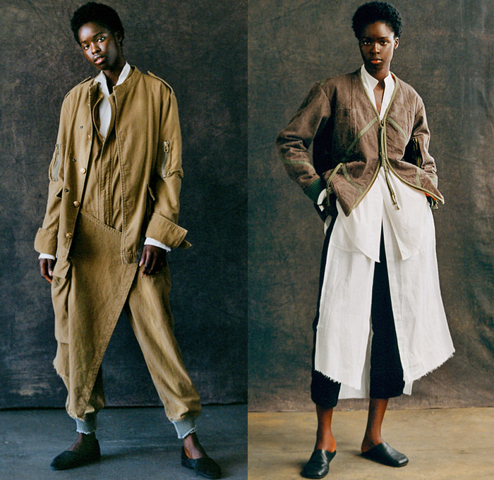 Greg Lauren 2022 Spring Summer Womens Lookbook Collection - Dress Codes Denim Jeans Coral Pink Tux Tuxedo Jacket Satin Tie Blazer Blouse Shirtdress Djellaba Seersucker Stripes Patchwork Zipper Knit Cardigan Sweater Mesh Crochet Coat Robe Kimono Brown Fatigues Canvas Utility Pockets Zipper Vintage Overalls Wide Leg Palazzo Pants Stitchwork Wrap Pants Half Skirt Panel Frayed Raw Hem Lounge Cinch Drawstring Slim Tapered Trousers Slip-Ons