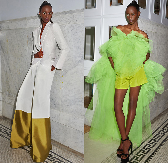 Greta Constantine 2022 Spring Summer Womens Lookbook Presentation - Pantsuit Blazer Jacket Sheer Tulle Ruffles Tiered Voluminous Strapless Silk Satin Poufy Shoulders Puff Balloon Sleeves Babydoll Dress Ball Gown Twisted Tied Knot Bow Ribbon Gold Tutu Skirt One Shoulder Asymmetrical Top Pussy Bow Wide Leg Palazzo Pants Colorblock Shorts