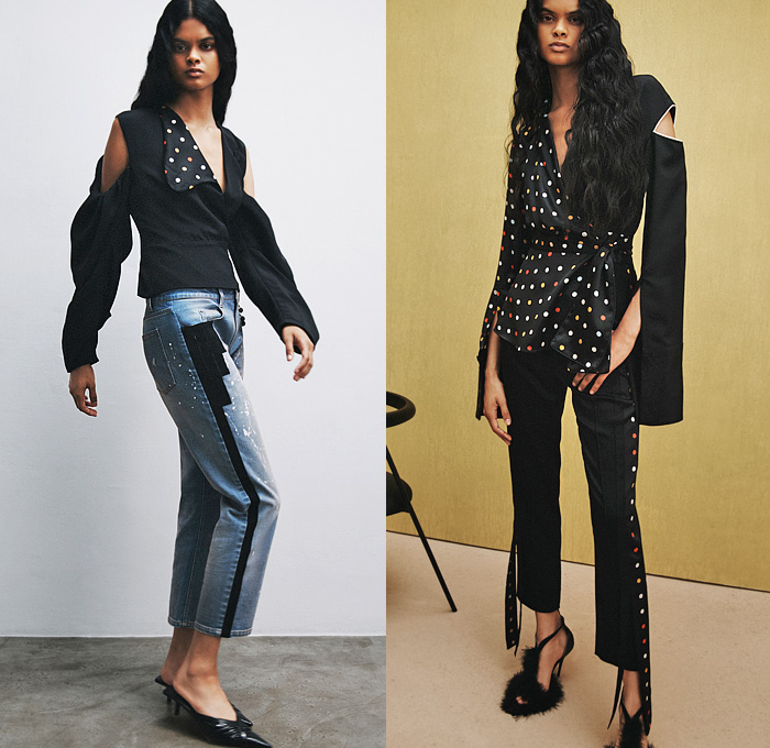 Hellessy 2022 Resort Cruise Pre-Spring Womens Lookbook Presentation - Denim Jeans Cutout Horses Blouse Draped Balloon Sleeves Drawstring Fringes Polka Dots Blazer Jacket Paint Stains Bedazzled Embroidery Sequins Snap Buttons Tearaway Pants Silk Satin Loungewear Cargo Pockets Bell Bottom Flare Tied Twist Knit Sweater Plaid Check Jogger Sweatpants Houndstooth Coat Stripes One Shoulder Dress Gown Strapless Poufy Puff Shoulders Furry Kitten Heels