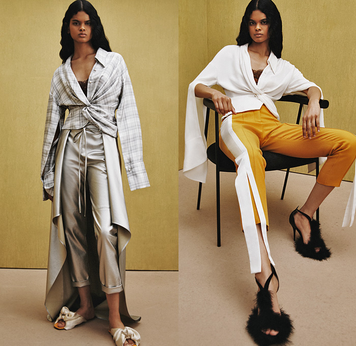Hellessy 2022 Resort Cruise Pre-Spring Womens Lookbook Presentation - Denim Jeans Cutout Horses Blouse Draped Balloon Sleeves Drawstring Fringes Polka Dots Blazer Jacket Paint Stains Bedazzled Embroidery Sequins Snap Buttons Tearaway Pants Silk Satin Loungewear Cargo Pockets Bell Bottom Flare Tied Twist Knit Sweater Plaid Check Jogger Sweatpants Houndstooth Coat Stripes One Shoulder Dress Gown Strapless Poufy Puff Shoulders Furry Kitten Heels