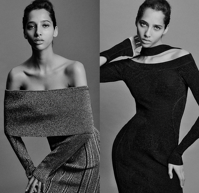 Hervé Léger 2022 Resort Cruise Pre-Spring Womens Lookbook Presentation - Christian Juul Nielsen - 1990s Nineties Body Contour Bandage Cocktail Party Dress Knit Ribbed Mesh Turtleneck Sweater Crop Top Midriff Cutout Neck Miniskirt Flare Pants Leotard Metallic Sheen Shorts Strapless Stripes Sweaterdress Cross Halterneck Blazer Choker Sheer Heels