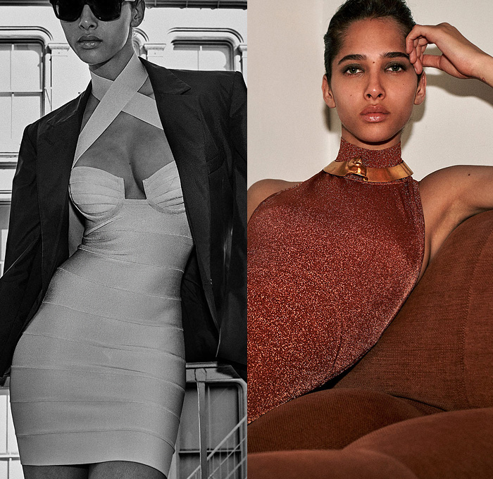 Hervé Léger 2022 Resort Cruise Pre-Spring Womens Lookbook Presentation - Christian Juul Nielsen - 1990s Nineties Body Contour Bandage Cocktail Party Dress Knit Ribbed Mesh Turtleneck Sweater Crop Top Midriff Cutout Neck Miniskirt Flare Pants Leotard Metallic Sheen Shorts Strapless Stripes Sweaterdress Cross Halterneck Blazer Choker Sheer Heels