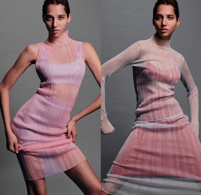 Hervé Léger 2022 Resort Cruise Pre-Spring Womens Lookbook Presentation - Christian Juul Nielsen - 1990s Nineties Body Contour Bandage Cocktail Party Dress Knit Ribbed Mesh Turtleneck Sweater Crop Top Midriff Cutout Neck Miniskirt Flare Pants Leotard Metallic Sheen Shorts Strapless Stripes Sweaterdress Cross Halterneck Blazer Choker Sheer Heels