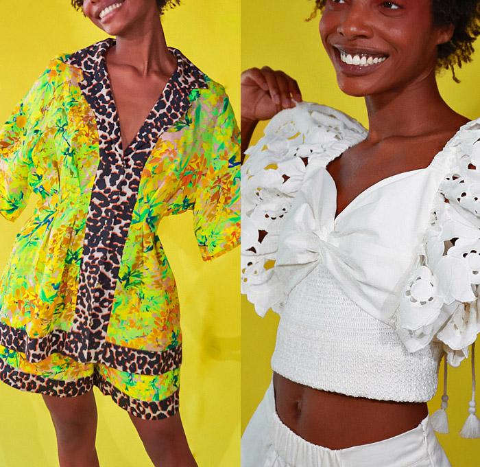 Hope for Flowers 2022 Spring Summer Womens Lookbook Presentation - Flowers Floral Tulips Fauna Foliage Leaves Colorful Stripes Sweater Tie-Dye Blouse Leopard Cheetah Shirtdress Prairie Damsel Dress Ruffles Tiered Tied Knot Cape Cutout Waist Eyelets Lace Embroidery Noodle Strap Butterfly Shoulders  Crop Top Midriff Tassels Wide Leg Palazzo Pants Shorts Sliders
