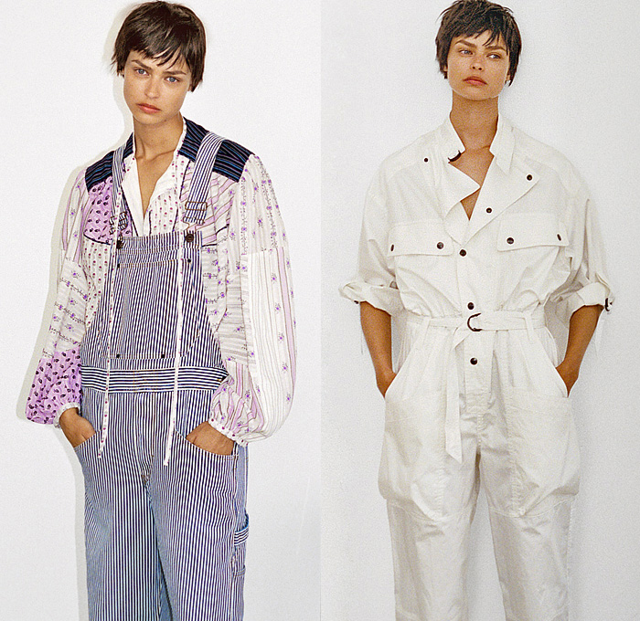 Isabel Marant 2022 Resort Cruise Pre-Spring Womens Lookbook Presentation - 2000s Spirit Onesie Jumpsuit Overalls Bib Brace Playsuit Boiler Suit Engineer Stripes Blouse Patchwork Flowers Floral Poufy Shoulders Puff Sleeves Cinch Oversized Blazer Jacket Trackwear Carpenter Pants Fur Shearling Coat Vest Knit Mesh Shirtdress Lace Embroidery Tiered Ruffles Slouchy Bikini Swimwear Noodle Strap Dress Circles Rings Bedazzled Crystals Trinkets Beads Boots Gladiators Wedge