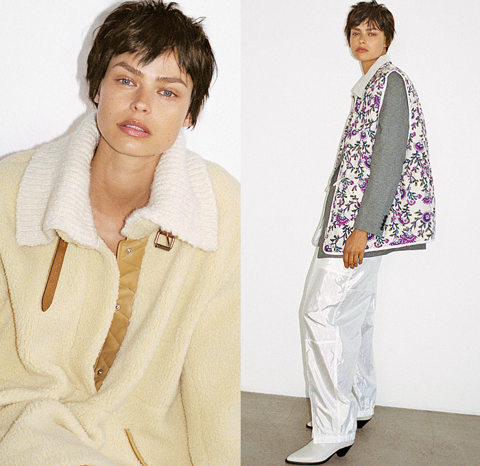 Isabel Marant 2022 Resort Cruise Pre-Spring Womens Lookbook Presentation - 2000s Spirit Onesie Jumpsuit Overalls Bib Brace Playsuit Boiler Suit Engineer Stripes Blouse Patchwork Flowers Floral Poufy Shoulders Puff Sleeves Cinch Oversized Blazer Jacket Trackwear Carpenter Pants Fur Shearling Coat Vest Knit Mesh Shirtdress Lace Embroidery Tiered Ruffles Slouchy Bikini Swimwear Noodle Strap Dress Circles Rings Bedazzled Crystals Trinkets Beads Boots Gladiators Wedge