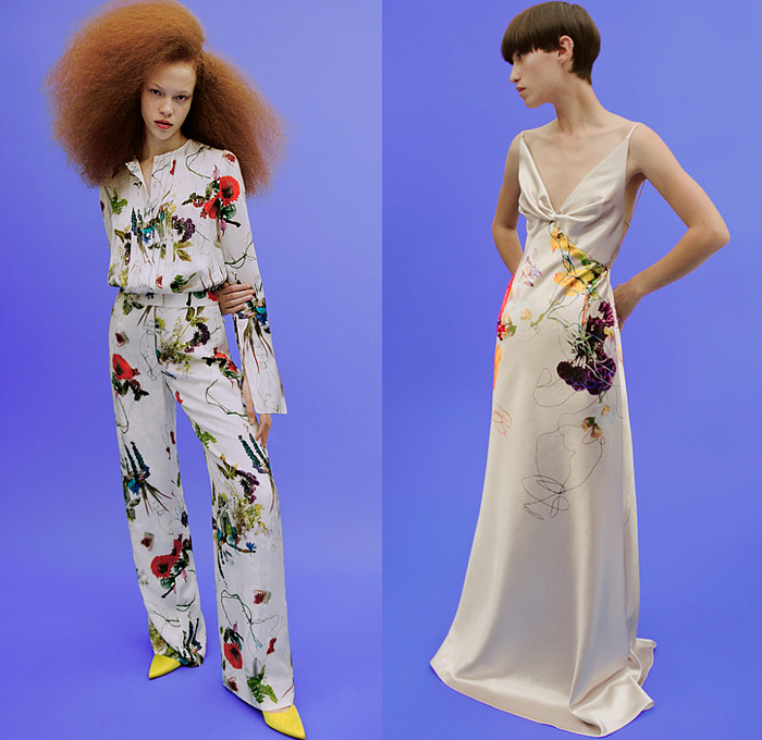 Jason Wu Collection 2022 Resort Cruise Pre-Spring Womens Lookbook Presentation - Bedazzled Jeweled Crystals Taffeta Dress Gown Broken Pleats Flowers Floral Prairie Damsel Dress Patchwork Shirtdress Blouse Wide Leg Noodle Strap Draped Strapless Open Shoulders Ruffles Tiered Bow Ribbon Triangle Cutout Bralette Silk Satin Lace Embroidery Tulle Sheer Polka Dots