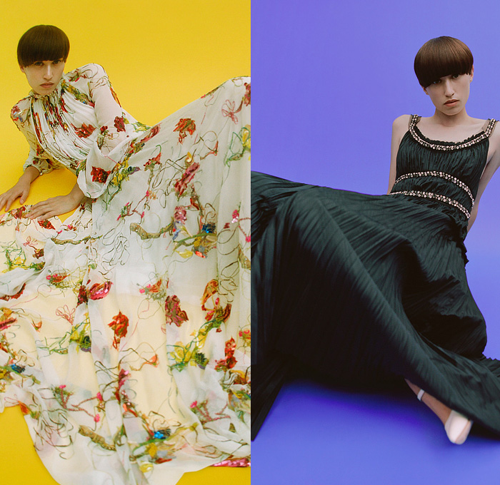 Jason Wu Collection 2022 Resort Cruise Pre-Spring Womens Lookbook Presentation - Bedazzled Jeweled Crystals Taffeta Dress Gown Broken Pleats Flowers Floral Prairie Damsel Dress Patchwork Shirtdress Blouse Wide Leg Noodle Strap Draped Strapless Open Shoulders Ruffles Tiered Bow Ribbon Triangle Cutout Bralette Silk Satin Lace Embroidery Tulle Sheer Polka Dots