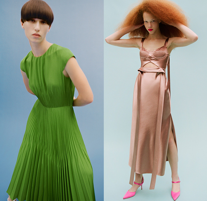 Jason Wu Collection 2022 Resort Cruise Pre-Spring Womens Lookbook Presentation - Bedazzled Jeweled Crystals Taffeta Dress Gown Broken Pleats Flowers Floral Prairie Damsel Dress Patchwork Shirtdress Blouse Wide Leg Noodle Strap Draped Strapless Open Shoulders Ruffles Tiered Bow Ribbon Triangle Cutout Bralette Silk Satin Lace Embroidery Tulle Sheer Polka Dots
