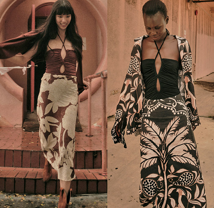 Johanna Ortiz 2022 Resort Cruise Pre-Spring Womens Lookbook Presentation - Celia - La Calle 8 Colombia - Knit Mesh Crochet Weave Woven Sweater Halterneck Noodle Strap Blouse Leaves Foliage Fauna Trees Birds Decorative Art Polka Dots Seeds Teardrop Front Cutout Maxi Dress Tied Knot Twist Skirt Mullet High-Low Hem Dovetail Ruffles Fringes Draped Crop Top Midriff Bralette Gown Eveningwear Stripes Sleeveless Puff Sleeves Poufy Shoulders One Shoulder Babydoll Column Dress Boots