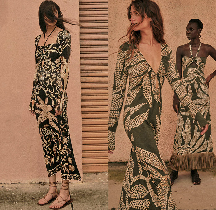 Johanna Ortiz 2022 Resort Cruise Pre-Spring Womens Lookbook Presentation - Celia - La Calle 8 Colombia - Knit Mesh Crochet Weave Woven Sweater Halterneck Noodle Strap Blouse Leaves Foliage Fauna Trees Birds Decorative Art Polka Dots Seeds Teardrop Front Cutout Maxi Dress Tied Knot Twist Skirt Mullet High-Low Hem Dovetail Ruffles Fringes Draped Crop Top Midriff Bralette Gown Eveningwear Stripes Sleeveless Puff Sleeves Poufy Shoulders One Shoulder Babydoll Column Dress Boots