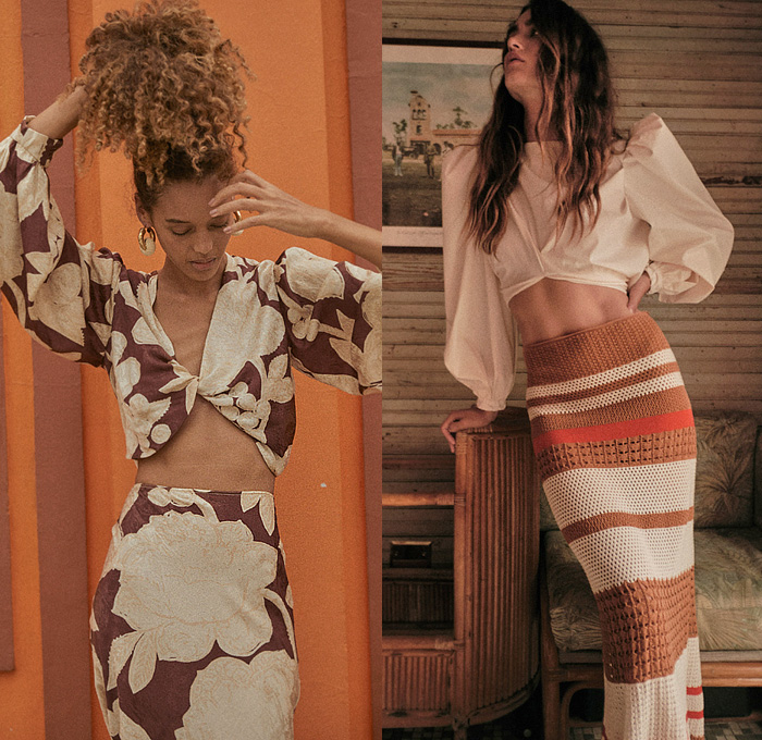 Johanna Ortiz 2022 Resort Cruise Pre-Spring Womens Lookbook Presentation - Celia - La Calle 8 Colombia - Knit Mesh Crochet Weave Woven Sweater Halterneck Noodle Strap Blouse Leaves Foliage Fauna Trees Birds Decorative Art Polka Dots Seeds Teardrop Front Cutout Maxi Dress Tied Knot Twist Skirt Mullet High-Low Hem Dovetail Ruffles Fringes Draped Crop Top Midriff Bralette Gown Eveningwear Stripes Sleeveless Puff Sleeves Poufy Shoulders One Shoulder Babydoll Column Dress Boots