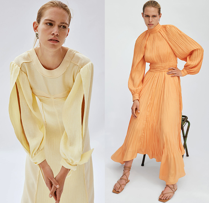 Jonathan Simkhai 2022 Resort Cruise Pre-Spring Womens Lookbook Presentation - Patchwork Check Turtleneck Sweater Camouflage Dress Slit Slashed Sleeves Cutout Waist Maxi Dress Accordion Pleats Leaves Foliage Fauna Rope Cords Straps Cinch Tied Knit One Shoulder Blazer Wide Leg Palazzo Pants Frayed Fringes Raw Hem Trench Coat Quilted Puffer Boots Sandals