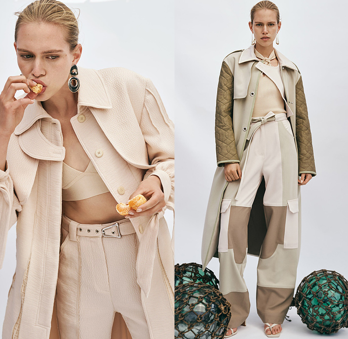 Jonathan Simkhai 2022 Resort Cruise Pre-Spring Womens Lookbook Presentation - Patchwork Check Turtleneck Sweater Camouflage Dress Slit Slashed Sleeves Cutout Waist Maxi Dress Accordion Pleats Leaves Foliage Fauna Rope Cords Straps Cinch Tied Knit One Shoulder Blazer Wide Leg Palazzo Pants Frayed Fringes Raw Hem Trench Coat Quilted Puffer Boots Sandals