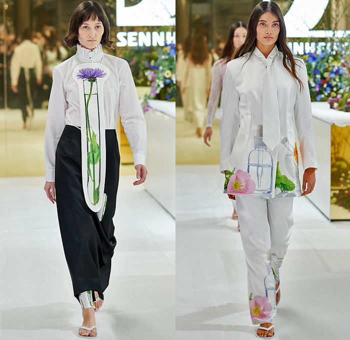 Karla Špetić 2022 Resort Cruise Pre-Spring Womens Runway Catwalk Looks - Afterpay Australian Fashion Week Carriageworks Sydney - Laboratory Bib Apron Lab Dress Sheer Tulle Long Sleeve Blouse Strings Flowers Floral Plants Print Patches Test Tubes Lantern Sleeves Knit Weave Lace Embroidery Ruffles Cutout Waist Shirtdress Unitard Onesie Jumpsuit Stripes Blazer Thongs Slippers
