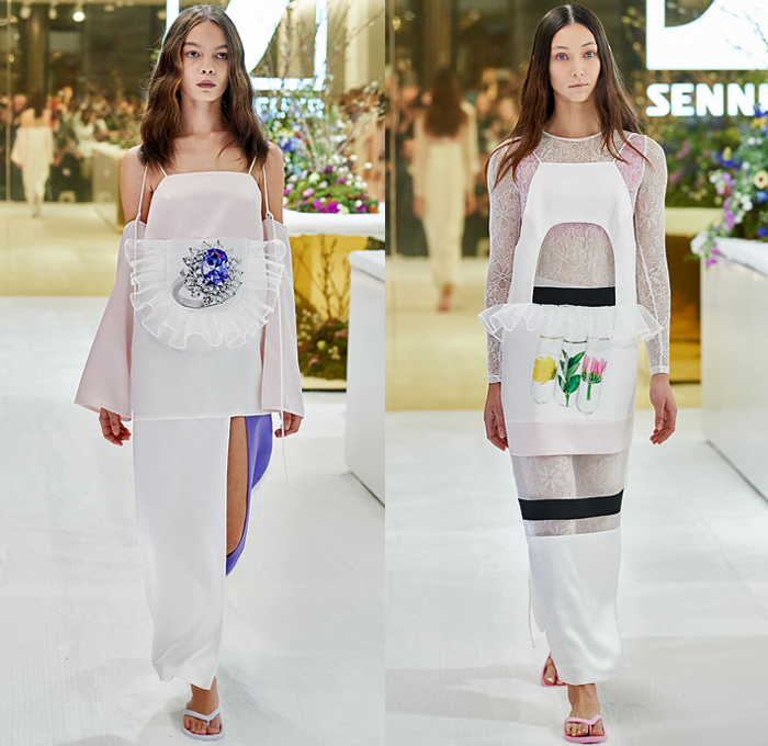 Karla Špetić 2022 Resort Cruise Pre-Spring Womens Runway Catwalk Looks - Afterpay Australian Fashion Week Carriageworks Sydney - Laboratory Bib Apron Lab Dress Sheer Tulle Long Sleeve Blouse Strings Flowers Floral Plants Print Patches Test Tubes Lantern Sleeves Knit Weave Lace Embroidery Ruffles Cutout Waist Shirtdress Unitard Onesie Jumpsuit Stripes Blazer Thongs Slippers
