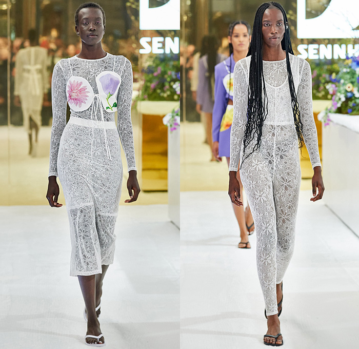 Karla Špetić 2022 Resort Cruise Pre-Spring Womens Runway Catwalk Looks - Afterpay Australian Fashion Week Carriageworks Sydney - Laboratory Bib Apron Lab Dress Sheer Tulle Long Sleeve Blouse Strings Flowers Floral Plants Print Patches Test Tubes Lantern Sleeves Knit Weave Lace Embroidery Ruffles Cutout Waist Shirtdress Unitard Onesie Jumpsuit Stripes Blazer Thongs Slippers