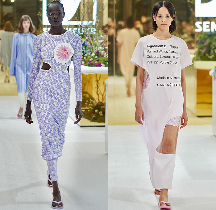 Karla Špetić 2022 Resort Cruise Pre-Spring Womens Runway Catwalk Looks - Afterpay Australian Fashion Week Carriageworks Sydney - Laboratory Bib Apron Lab Dress Sheer Tulle Long Sleeve Blouse Strings Flowers Floral Plants Print Patches Test Tubes Lantern Sleeves Knit Weave Lace Embroidery Ruffles Cutout Waist Shirtdress Unitard Onesie Jumpsuit Stripes Blazer Thongs Slippers